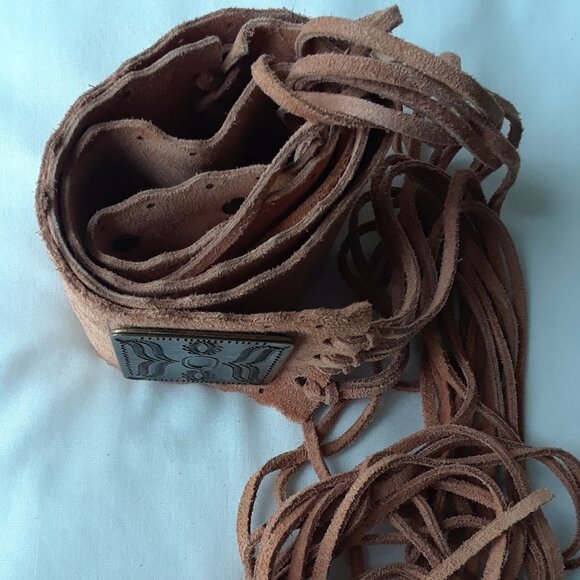 Genuine Suede Wide Boho Tie Hip Belt With Fringe and Bronze Medallions - Picture 13 of 14